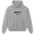 Anfield hoodie – close-up of white Anfield lettering and Players Couture logo on the chest