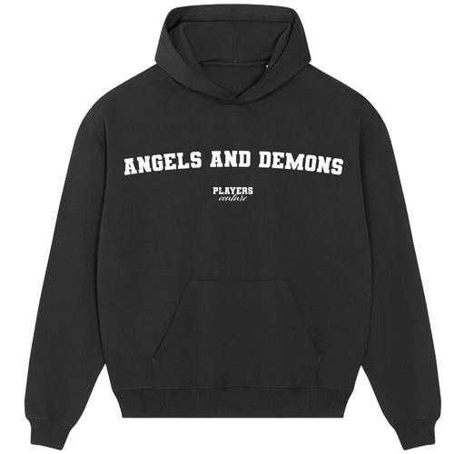 Angels And Demons hoodie – black men's hoodie with white Angels And Demons letters and Players Couture logo on the chest