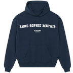 Anne Sophie Mathis hoodie – navy men's hoodie with white Anne Sophie Mathis letters and Players Couture logo on the chest