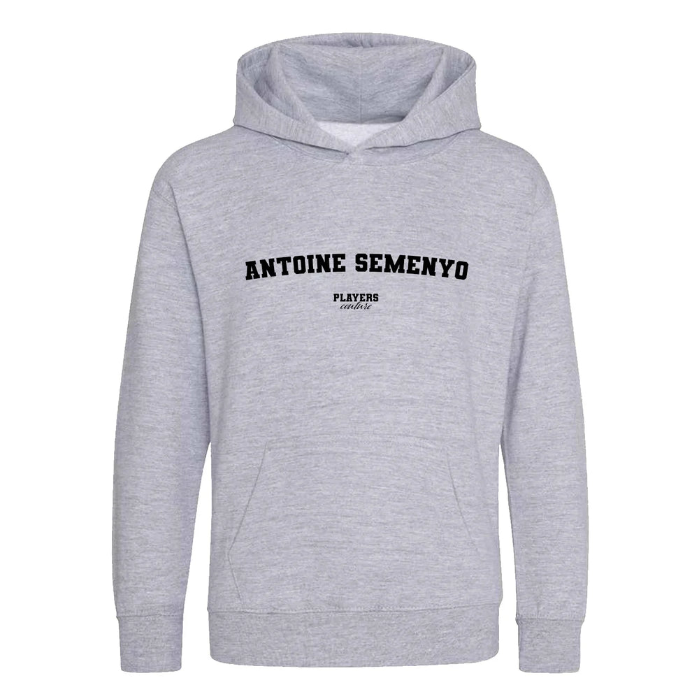 Antoine Semenyo hoodie – grey kids' hoodie with black Antoine Semenyo letters and Players Couture logo on the chest
