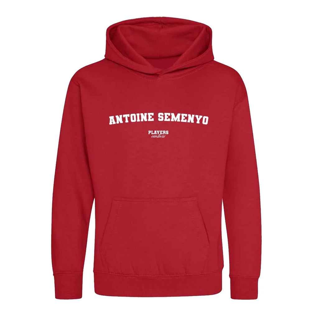 Antoine Semenyo hoodie – red kids' hoodie with white Antoine Semenyo letters and Players Couture logo on the chest