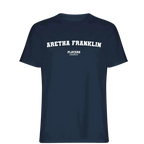Aretha Franklin t-shirt – navy men's t-shirt with white Aretha Franklin letters and Players Couture logo on the chest