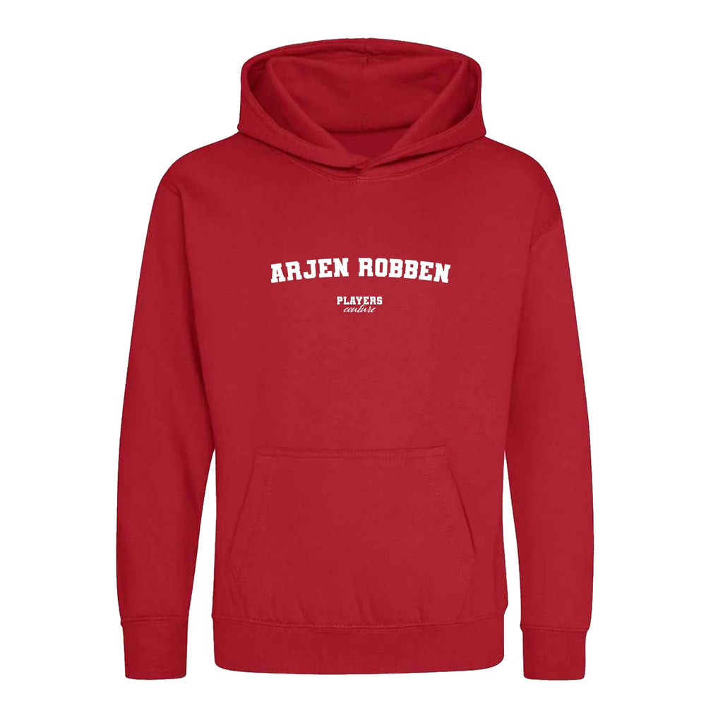 Arjen Robben hoodie – red kids' hoodie with white Arjen Robben letters and Players Couture logo on the chest