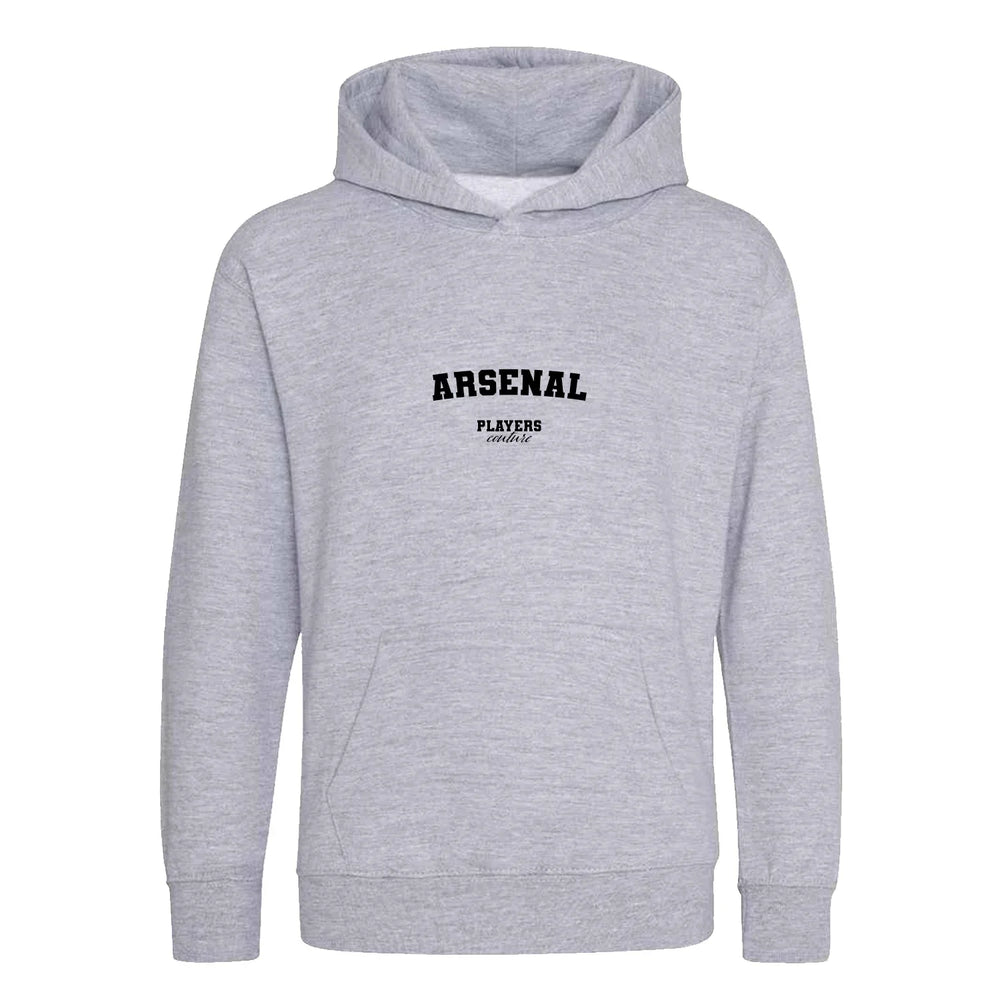 Arsenal hoodie – grey kids' hoodie with black Arsenal letters and Players Couture logo on the chest