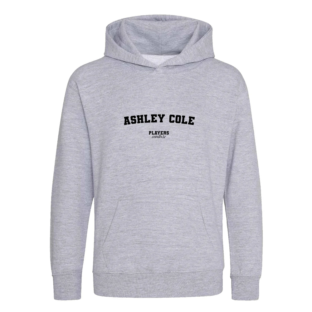 Ashley Cole hoodie – grey kids' hoodie with black Ashley Cole letters and Players Couture logo on the chest