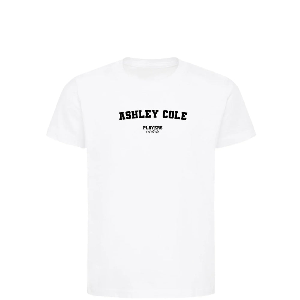 Ashley Cole t-shirt – white kids' t-shirt with black Ashley Cole letters and Players Couture logo on the chest