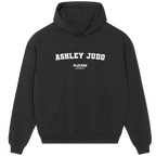 Ashley Judd hoodie – black men's hoodie with white Ashley Judd letters and Players Couture logo on the chest