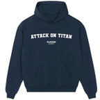 Attack on Titan hoodie – navy men's hoodie with white Attack on Titan letters and Players Couture logo on the chest