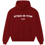 Attack on Titan hoodie – red men's hoodie with white Attack on Titan letters and Players Couture logo on the chest