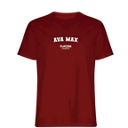 Ava Max t-shirt – red men's t-shirt with white Ava Max letters and Players Couture logo on the chest
