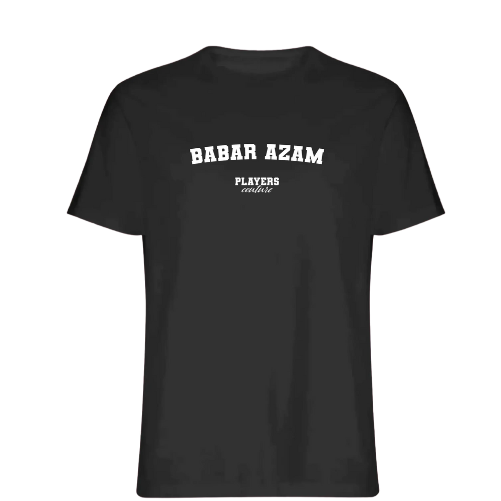 Babar Azam t-shirt – black men's t-shirt with white Babar Azam letters and Players Couture logo on the chest