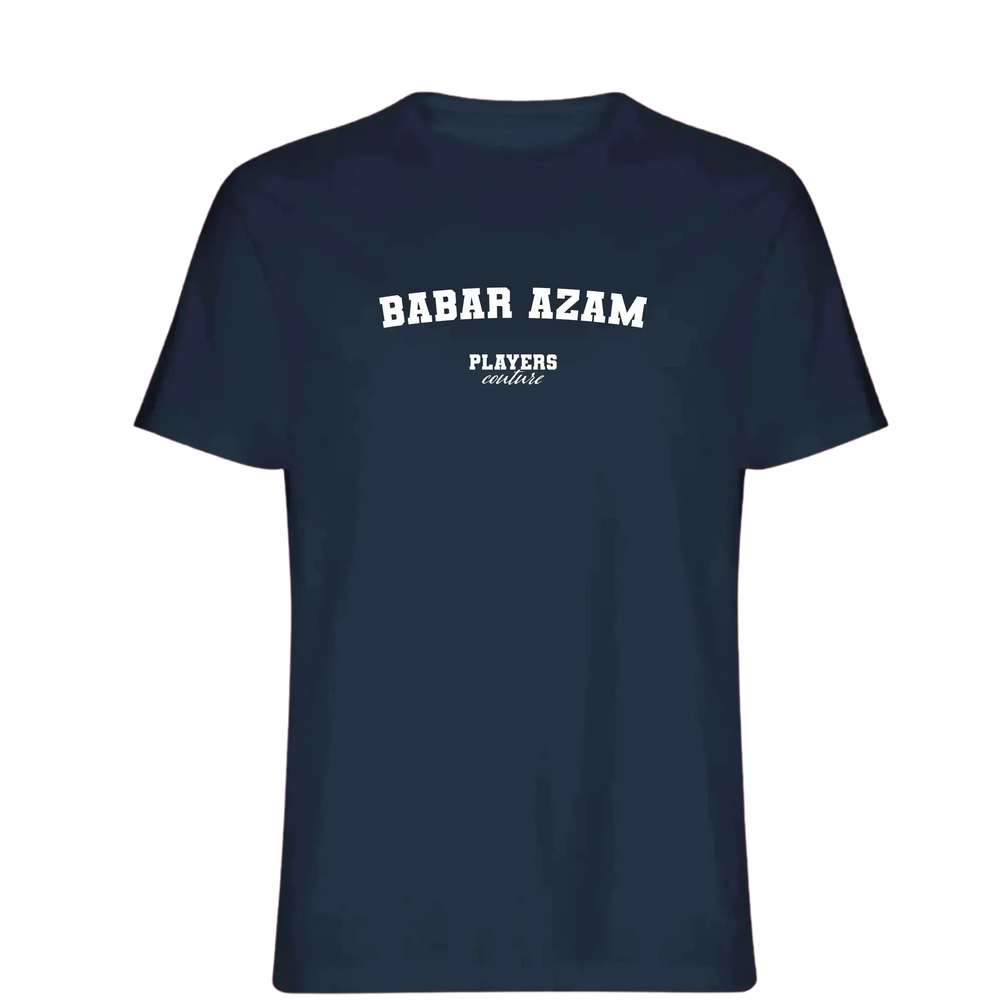 Babar Azam t-shirt – navy men's t-shirt with white Babar Azam letters and Players Couture logo on the chest