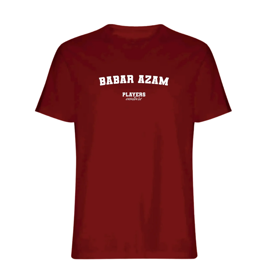 Babar Azam t-shirt – red men's t-shirt with white Babar Azam letters and Players Couture logo on the chest