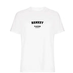 Banksy t-shirt – white men's t-shirt with black Banksy letters and Players Couture logo on the chest