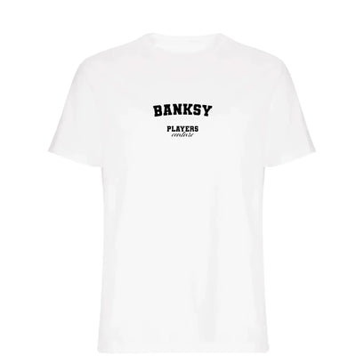 Banksy t-shirt – white men's t-shirt with black Banksy letters and Players Couture logo on the chest