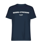 Barbra Streisand t-shirt – navy men's t-shirt with white Barbra Streisand letters and Players Couture logo on the chest