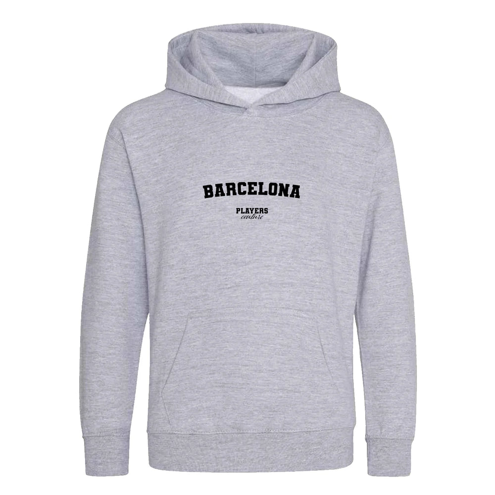 Barcelona hoodie – grey kids' hoodie with black Barcelona letters and Players Couture logo on the chest