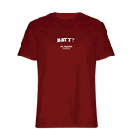 Batty t-shirt – red men's t-shirt with white Batty letters and Players Couture logo on the chest