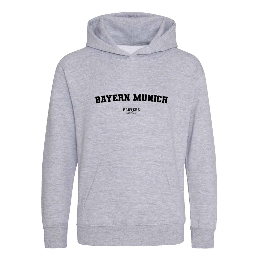 Bayern Munich hoodie – grey kids' hoodie with black Bayern Munich letters and Players Couture logo on the chest