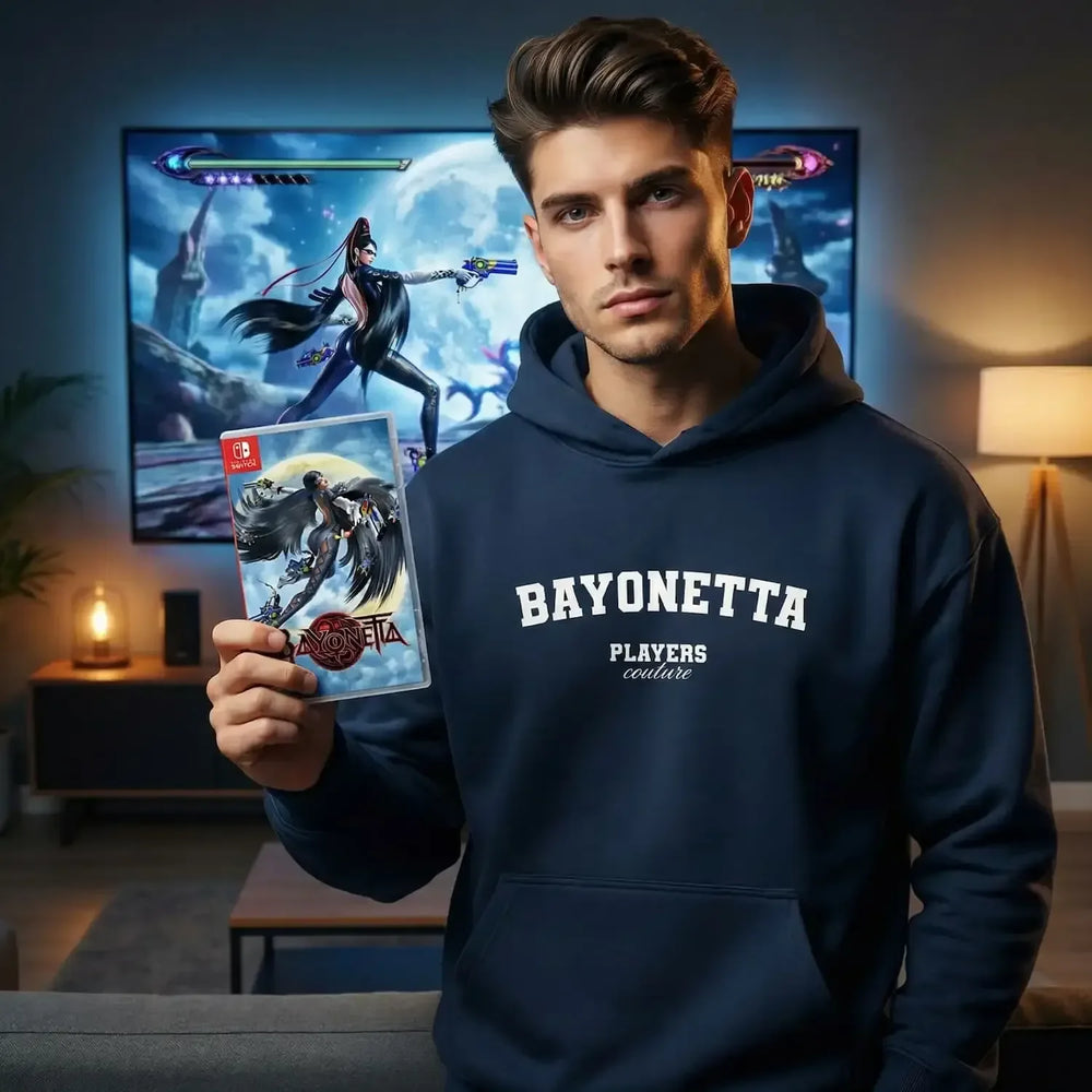 Bayonetta hoodie – navy men's hoodie with white Bayonetta letters and Players Couture logo on the chest