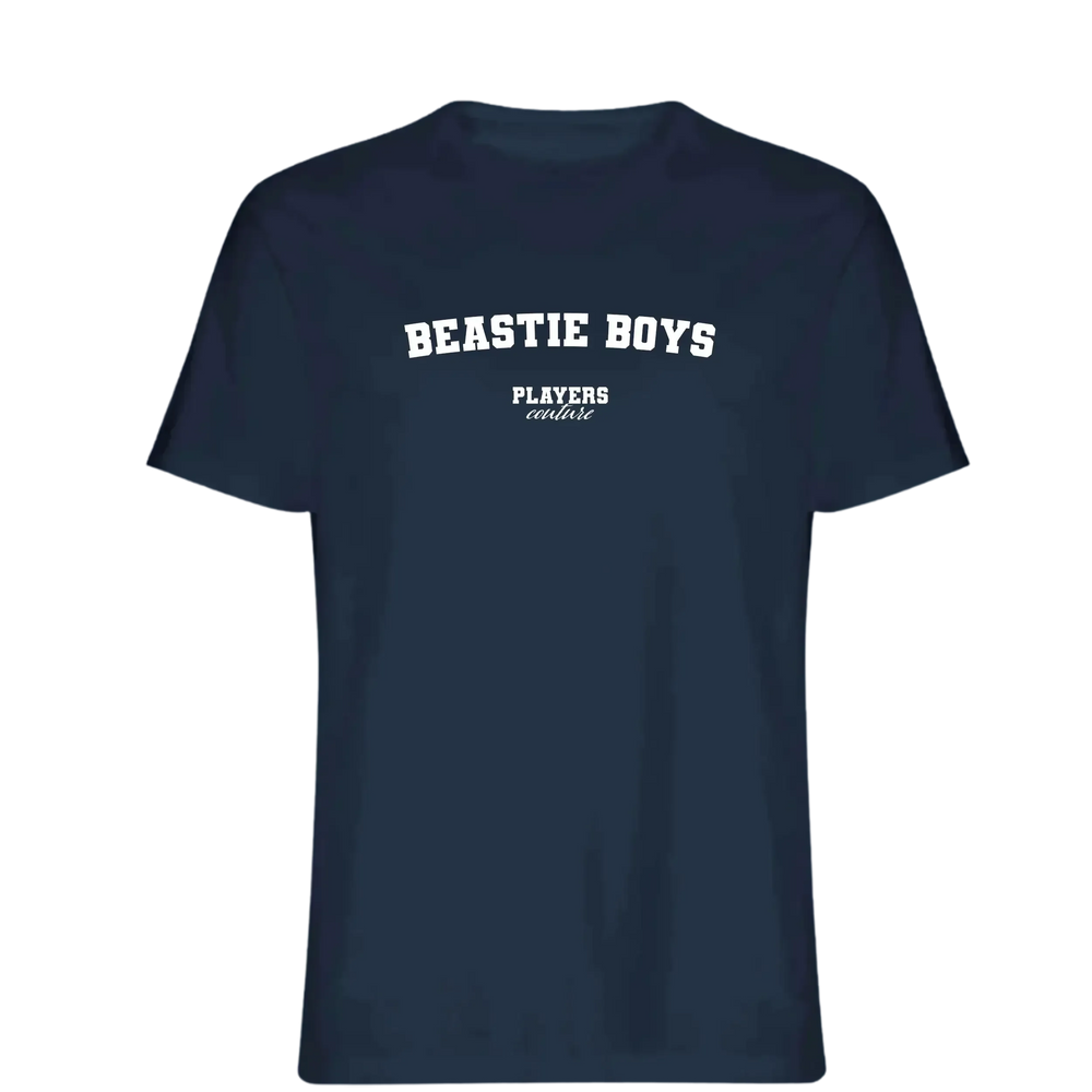 Beastie Boys t-shirt – navy men's t-shirt with white Beastie Boys letters and Players Couture logo on the chest