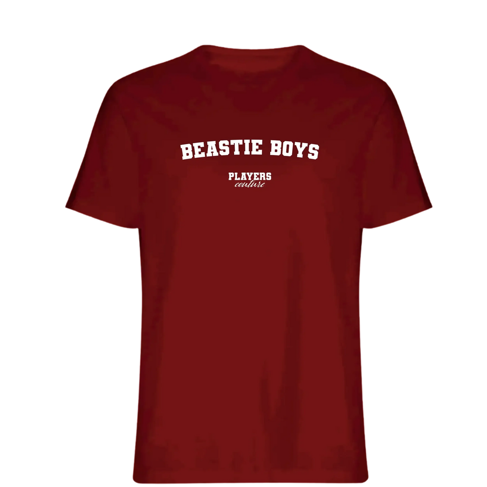 Beastie Boys t-shirt – red men's t-shirt with white Beastie Boys letters and Players Couture logo on the chest