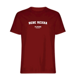 Bebe Rexha t-shirt – red men's t-shirt with white Bebe Rexha letters and Players Couture logo on the chest