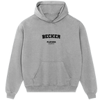 Becker hoodie – red men's hoodie with white Becker letters and Players Couture logo on the chest