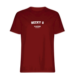 Becky G t-shirt – red men's t-shirt with white Becky G letters and Players Couture logo on the chest