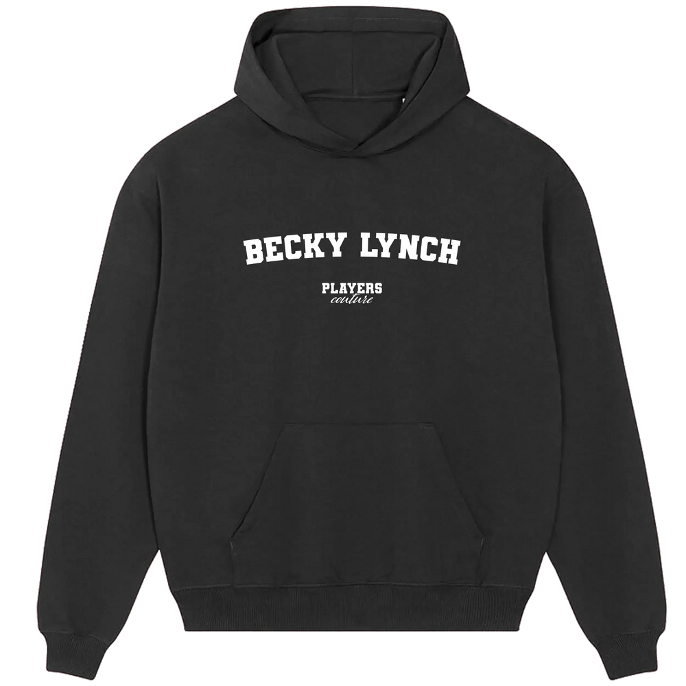 Becky Lynch hoodie – black men's hoodie with white Becky Lynch letters and Players Couture logo on the chest
