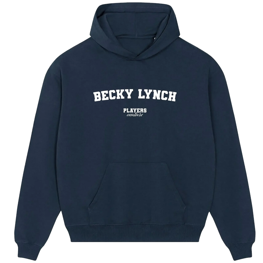 Becky Lynch hoodie – navy men's hoodie with white Becky Lynch letters and Players Couture logo on the chest