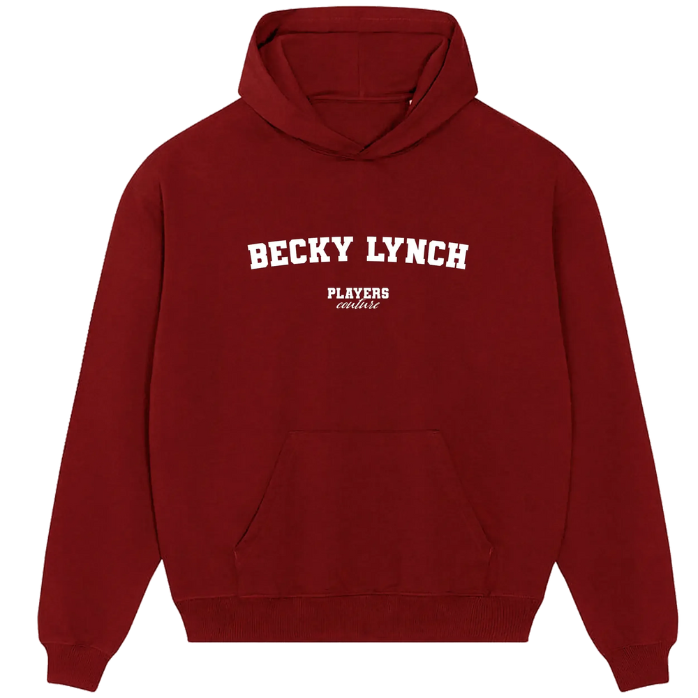 Becky Lynch hoodie – red men's hoodie with white Becky Lynch letters and Players Couture logo on the chest