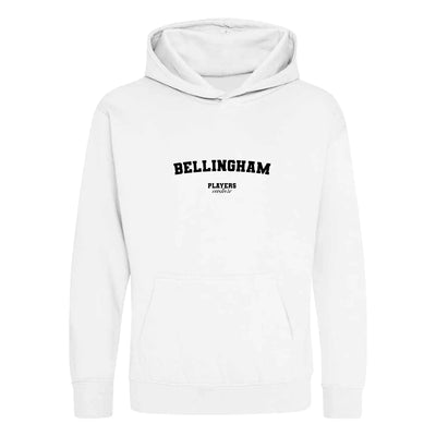 Bellingham hoodie – white kids' hoodie with black Bellingham letters and Players Couture logo on the chest