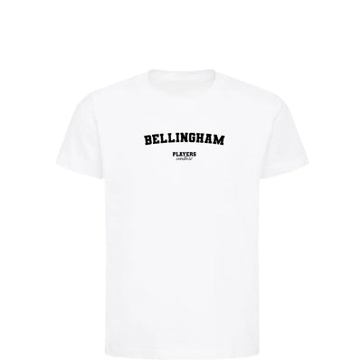 Bellingham t-shirt – white kids' t-shirt with black Bellingham letters and Players Couture logo on the chest