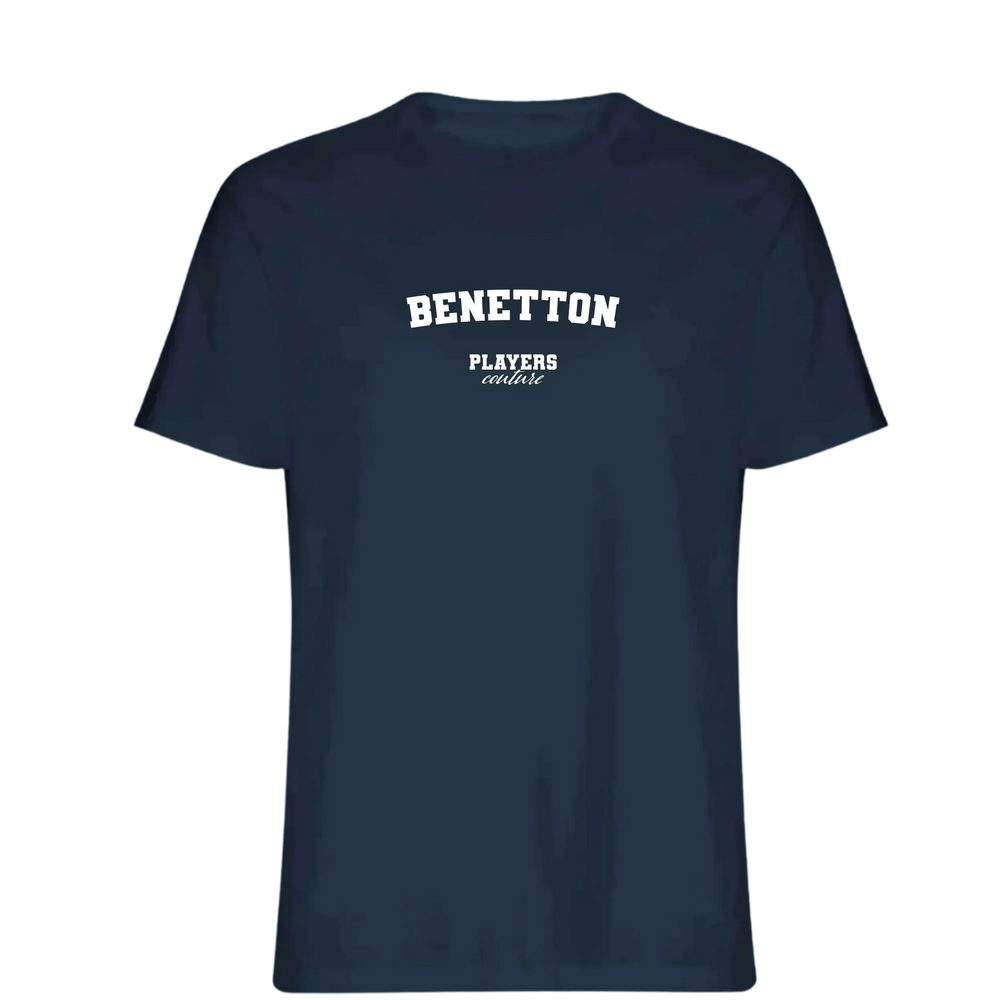 Benetton t-shirt – navy men's t-shirt with white Benetton letters and Players Couture logo on the chest