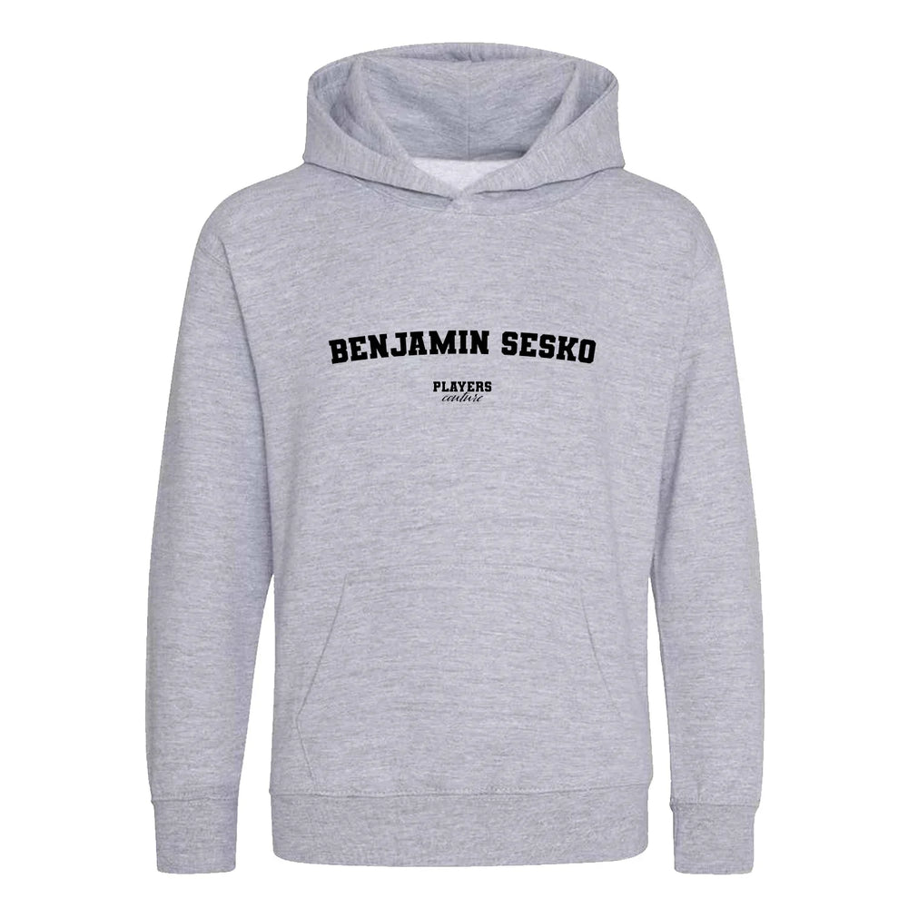 Benjamin Sesko hoodie – grey kids' hoodie with black Benjamin Sesko letters and Players Couture logo on the chest