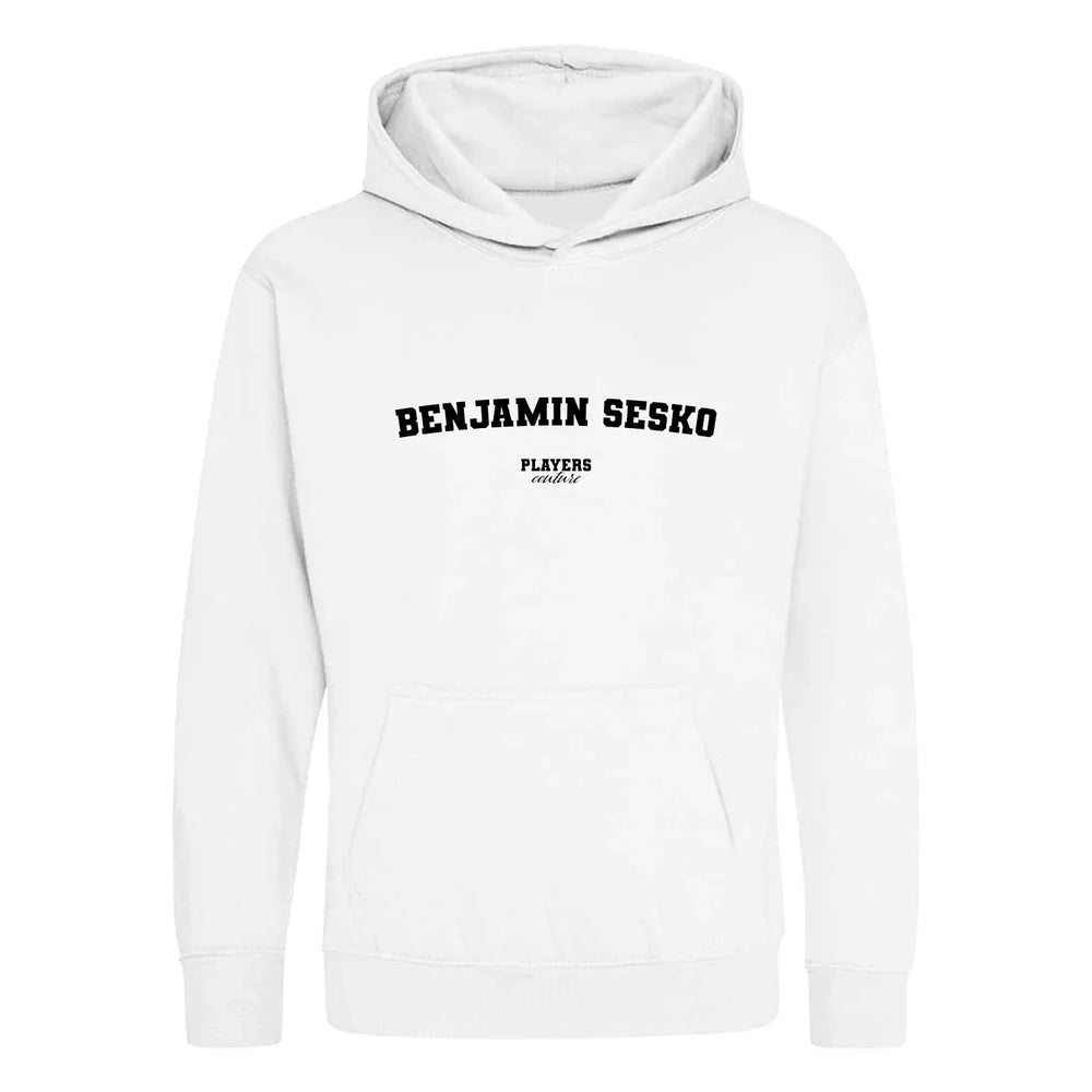 Benjamin Sesko hoodie – white kids' hoodie with black Benjamin Sesko letters and Players Couture logo on the chest