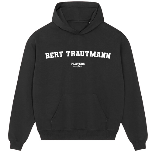 Bert Trautmann hoodie – black men's hoodie with white Bert Trautmann letters and Players Couture logo on the chest