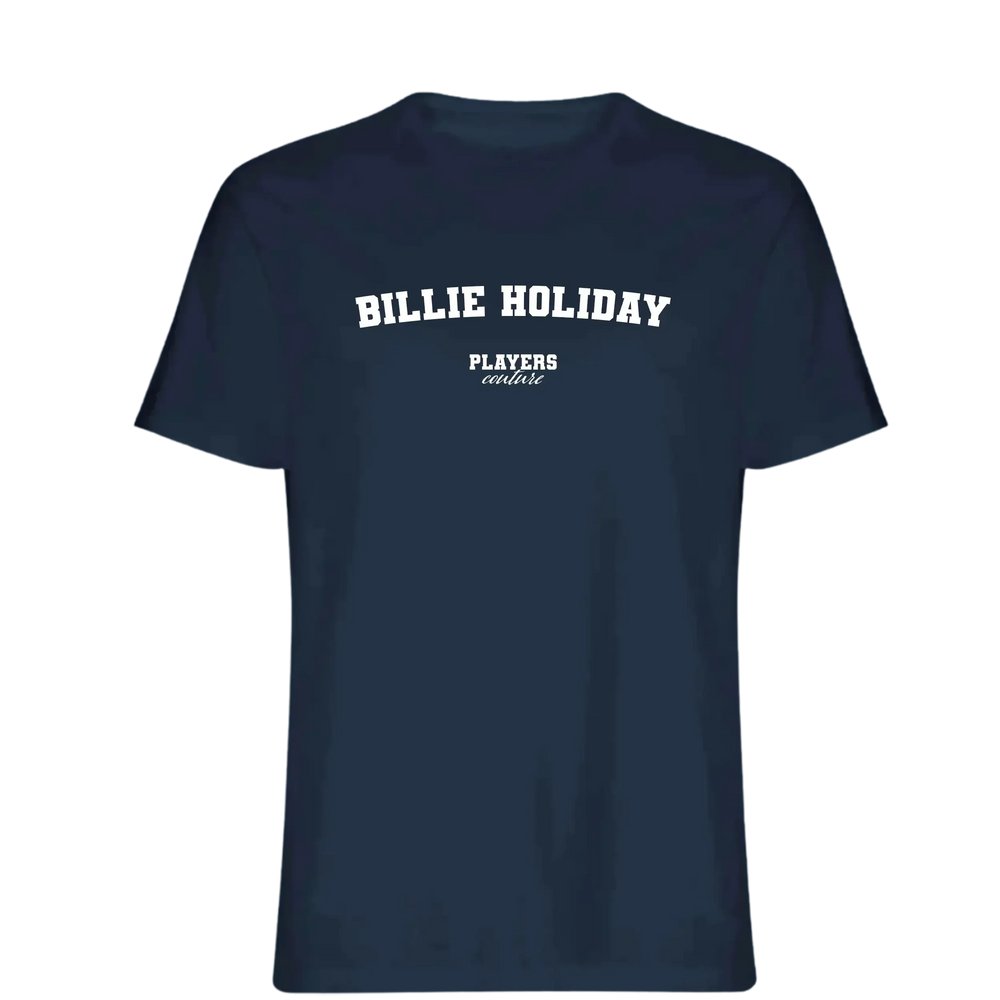 Billie Holiday t-shirt – navy men's t-shirt with white Billie Holiday letters and Players Couture logo on the chest