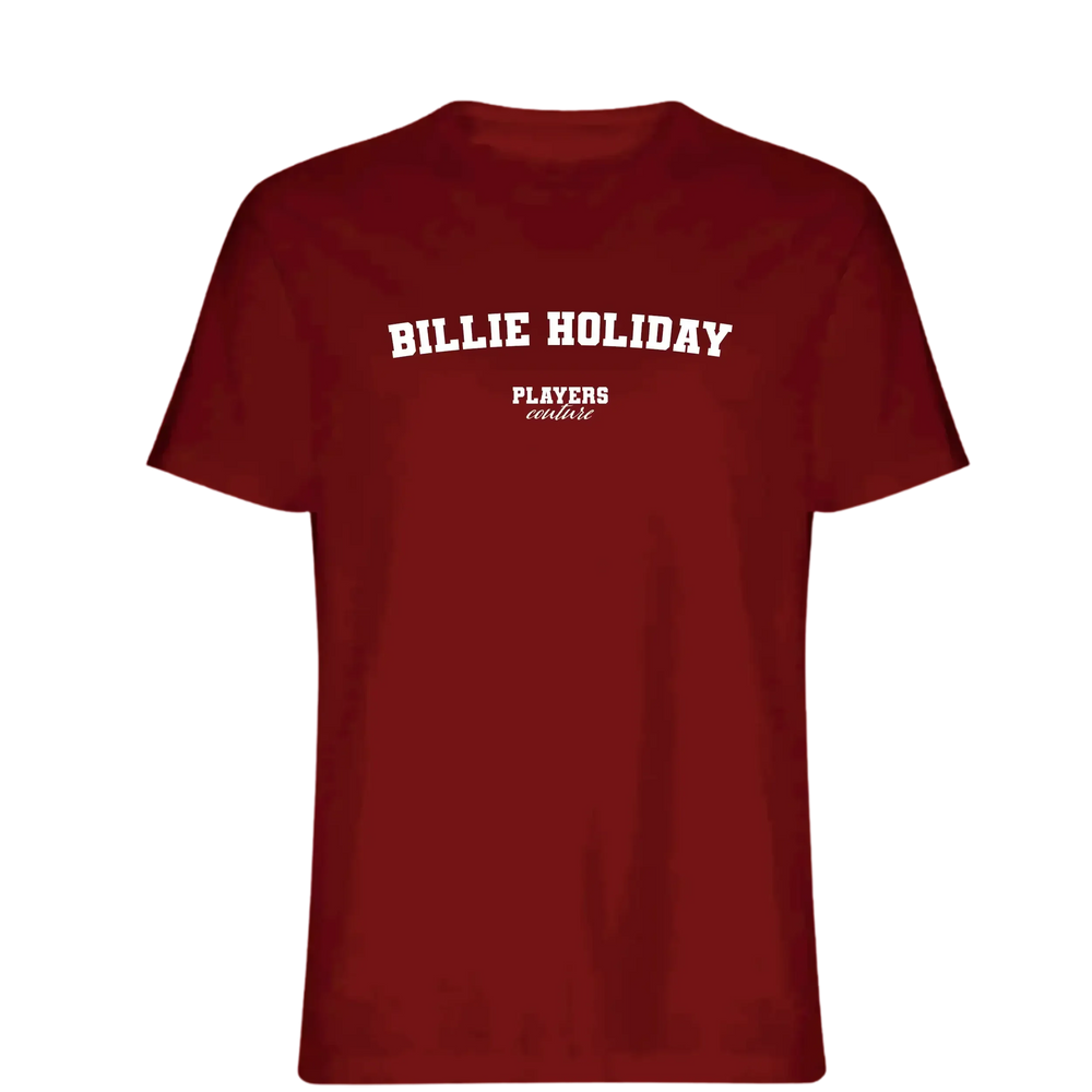Billie Holiday t-shirt – red men's t-shirt with white Billie Holiday letters and Players Couture logo on the chest