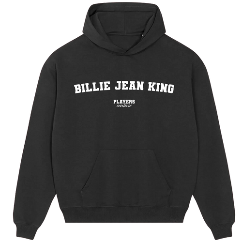 Billie Jean King hoodie – black men's hoodie with white Billie Jean King letters and Players Couture logo on the chest