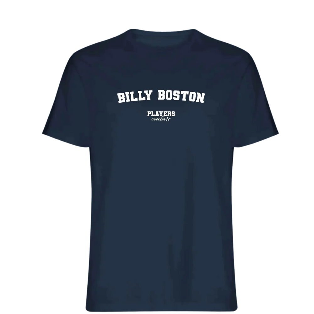 Billy Boston t-shirt – navy men's t-shirt with white Billy Boston letters and Players Couture logo on the chest
