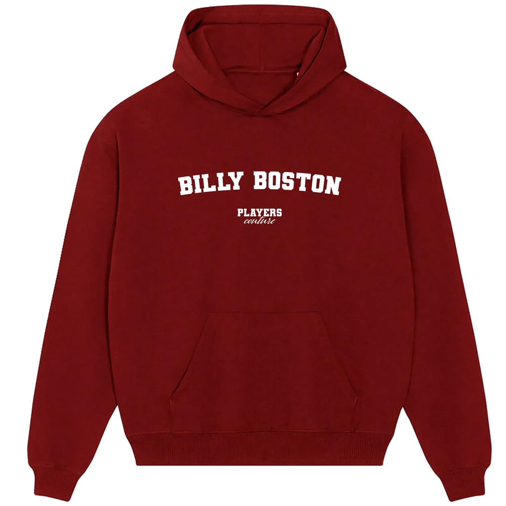 Billy Boston hoodie – red men's hoodie with white Billy Boston letters and Players Couture logo on the chest