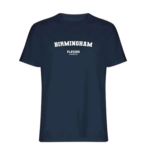 Birmingham t-shirt – navy men's t-shirt with white Birmingham letters and Players Couture logo on the chest