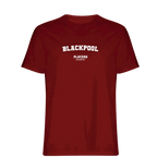 Blackpool t-shirt – red men's t-shirt with white Blackpool letters and Players Couture logo on the chest
