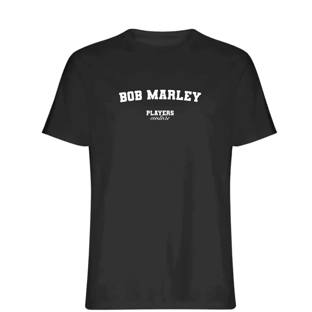 Bob Marley t-shirt – black men's t-shirt with white Bob Marley letters and Players Couture logo on the chest