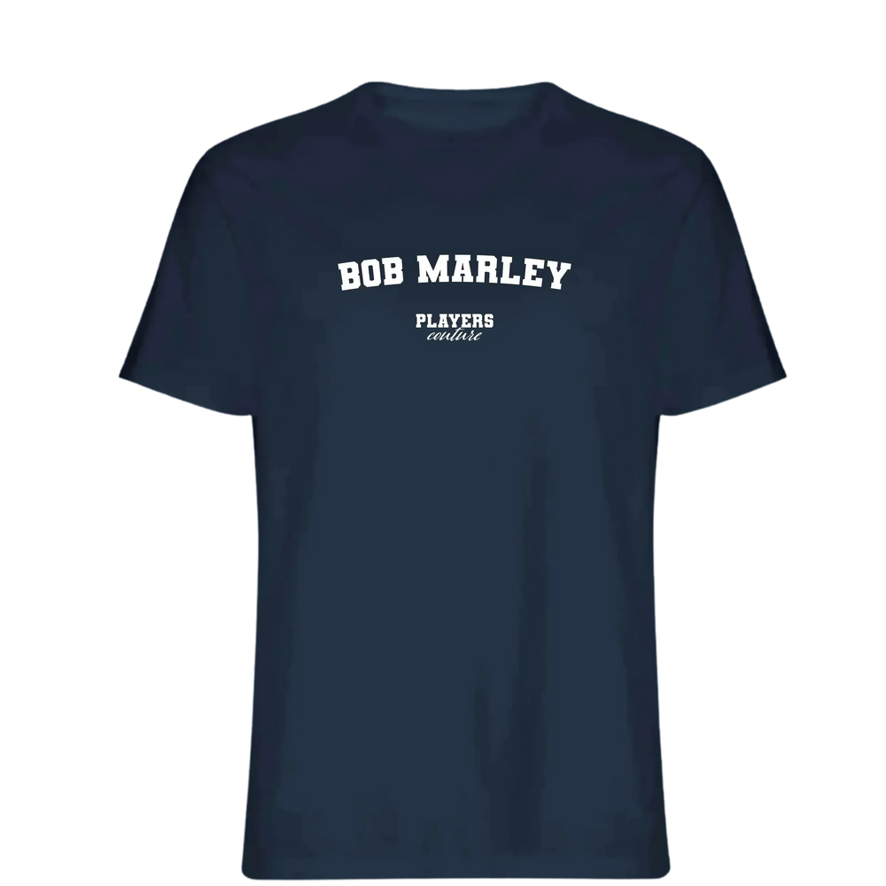 Bob Marley t-shirt – navy men's t-shirt with white Bob Marley letters and Players Couture logo on the chest