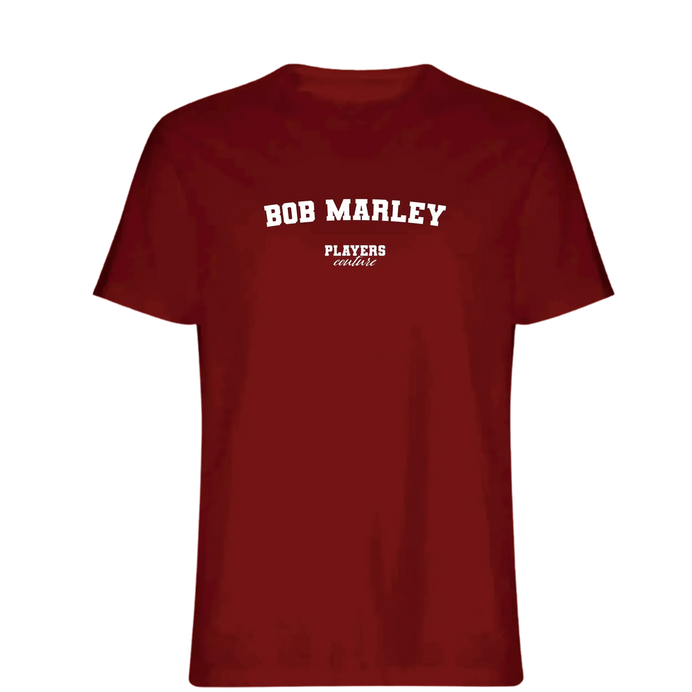 Bob Marley t-shirt – red men's t-shirt with white Bob Marley letters and Players Couture logo on the chest