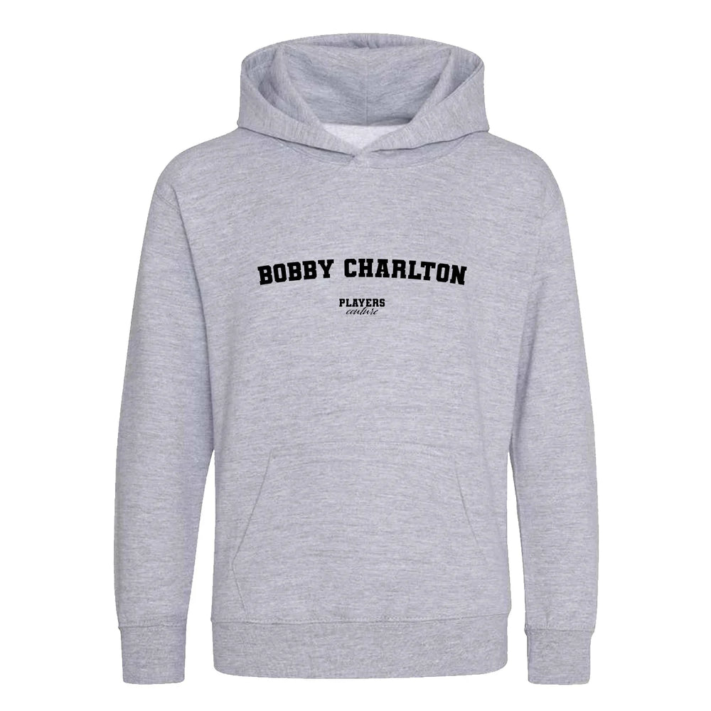 Bobby Charlton hoodie – grey kids' hoodie with black Bobby Charlton letters and Players Couture logo on the chest