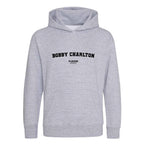 Bobby Charlton hoodie – grey kids' hoodie with black Bobby Charlton letters and Players Couture logo on the chest